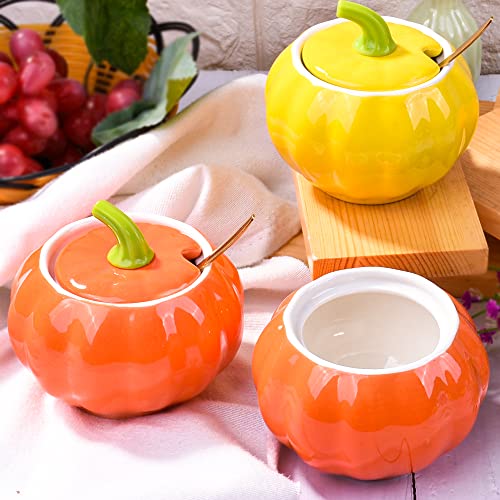 Orange Pumpkin-Shaped Ceramic Sugar Bowl with Lid and Spoon - 300 ML
