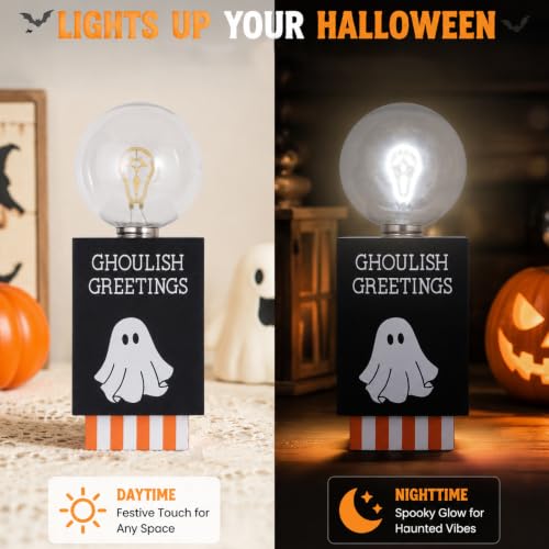 Halloween Indoor Light Up Ghost Sign - Black Halloween Desk Decor with Warm Globe Light