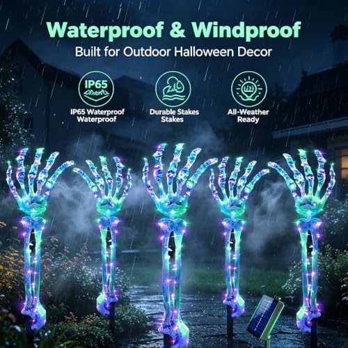 5-Pack Solar Halloween Skeleton Arm Stake Lights - Purple & Green Outdoor Pathway Decor