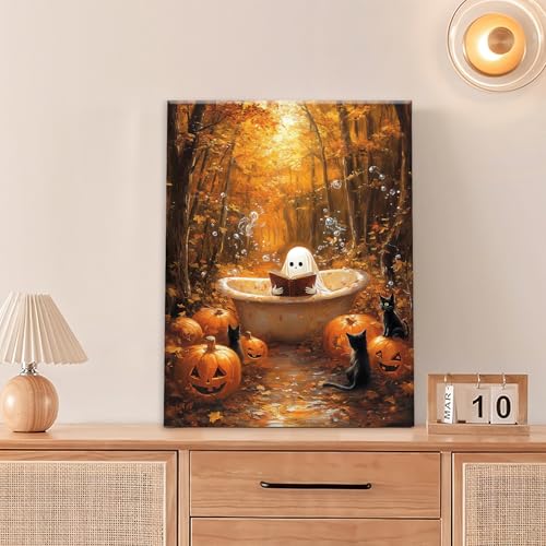 Halloween Wall Art - Fall Pumpkin Ghost Canvas Decor for Home & Office 16x12