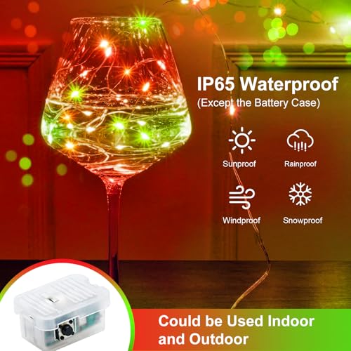 Battery Operated Fairy Lights 7ft 20LED Silver Wire Christmas String Lights - Red & Green, 3 Modes, Waterproof, 24 Pack