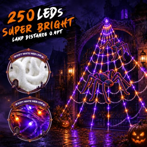 Outdoor Halloween Spider Web Lights with Fake Spiders - Waterproof, 8 Modes