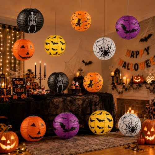 Halloween Paper Lanterns 12 Pack - 8 Inch Hanging Decorations with Pumpkin Bat Witch Skeleton Web Designs