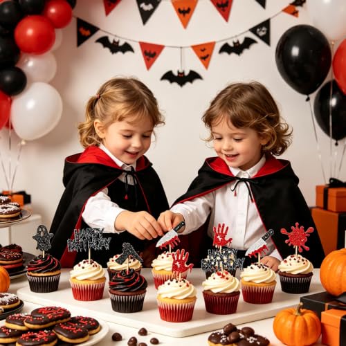 Red Blood Drip Killer Birthday Cupcake Toppers - 24 Glitter Halloween Cake Decorations