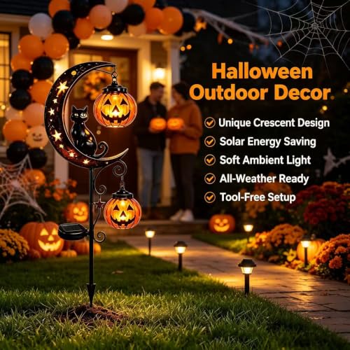 Halloween Solar Cat Garden Stake Light with Pumpkin Moon - Outdoor Yard Decor B