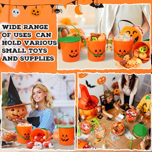 Halloween Pumpkin Trick or Treat Buckets Set - 24 Portable Plastic Jack-O-Lantern Totes