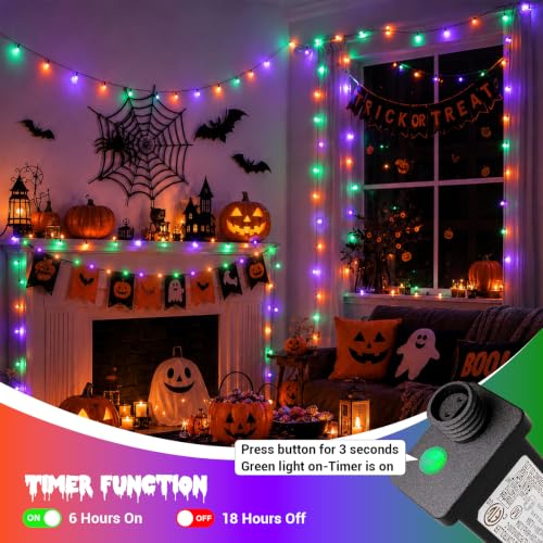 Halloween String Lights Outdoor Waterproof 66ft 200 LED Dual-Color with 8 Modes & Timer - Purple, Orange, Green