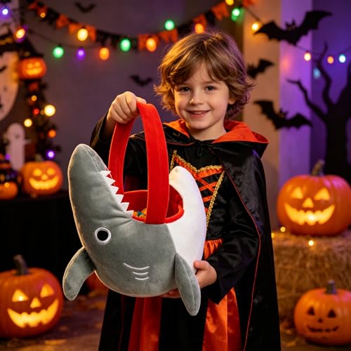 Halloween Plush Shark Trick or Treat Bag - Cute Animal Candy Basket for Kids & Parties