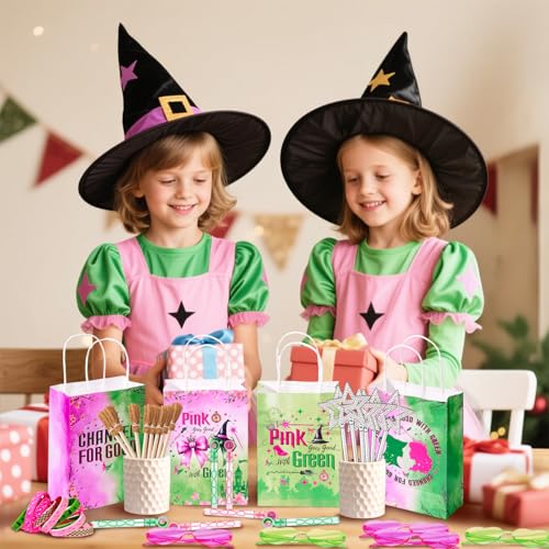 Pink and Green Witch Party Favors Set with Wands, Notepads, Glasses, Bracelets, Gift Bags, and Bubbles - 72 Pieces
