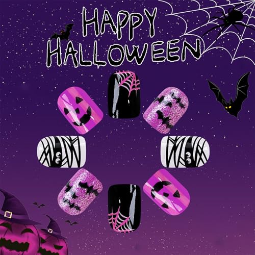 Halloween Press On Nails Short Fake Nails with Ghost Face & Mummy Design - Purple, 24 Pcs