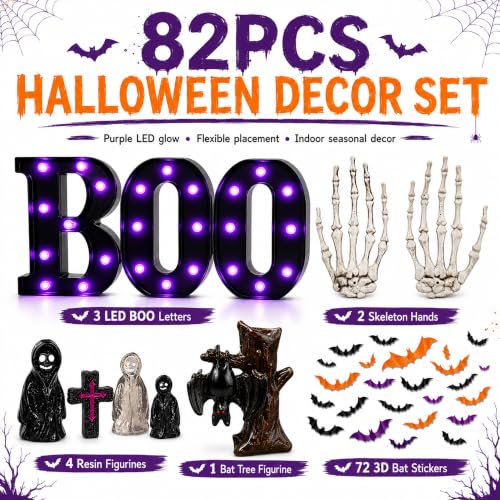 Halloween Decorations Set with LED Boo Lights, 3D Bats & Skeleton Hands - Indoor Festive Display