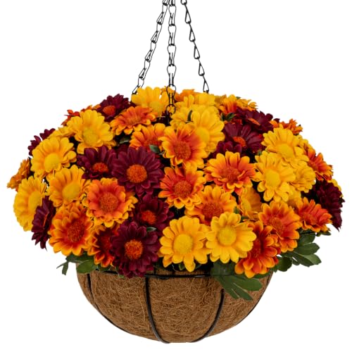 8-Inch Autumn Hanging Basket with Burgundy, Orange & Yellow Daisies - Fall Decor