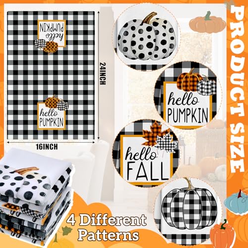 Fall Kitchen Towels Set - 4 Plaid Black Pumpkin Hand Towels - Autumn Decor