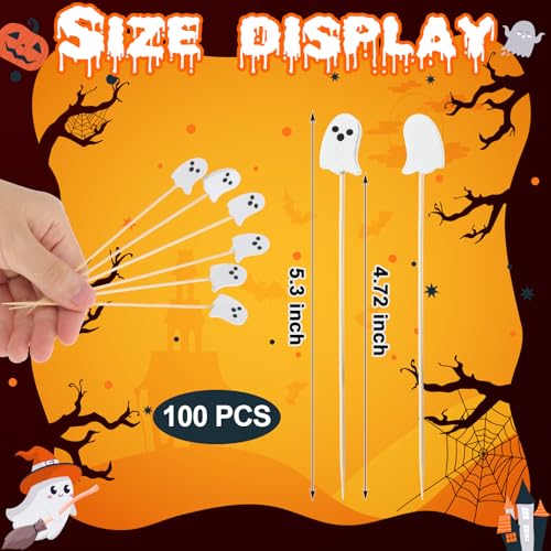 Halloween Ghost Cocktail Picks - 100 Bamboo Food Skewers for Party
