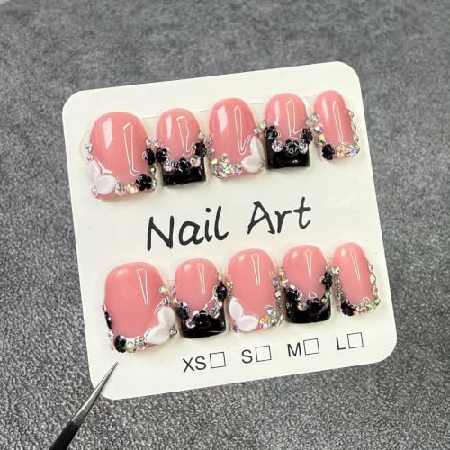 Handmade Short Black French Tip Press On Nails - Square Fake Nails with Variation: Handmade-Designs2