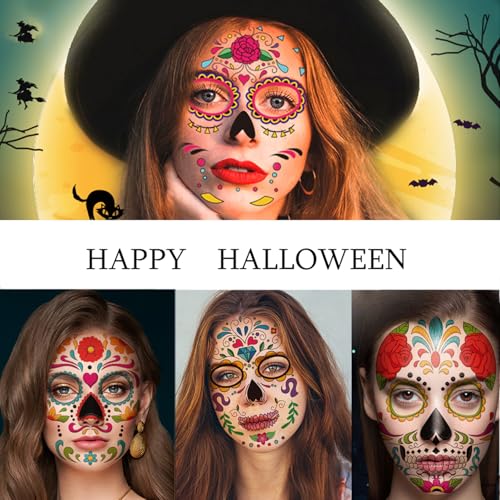 Day of the Dead Temporary Tattoos Halloween Face Stickers 11 Sheets - Pattern-2