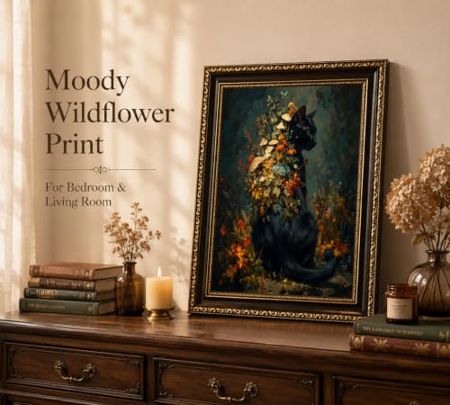 Black Cat Wall Art Canvas - Framed Moody Woodland Decor 16x12 in - Variation of THIS listing