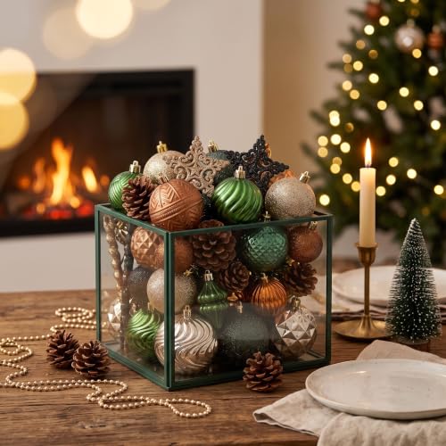Christmas Tree Ornaments Set - Green Copper Brown Variations - 100 Shatterproof Holiday Decorations