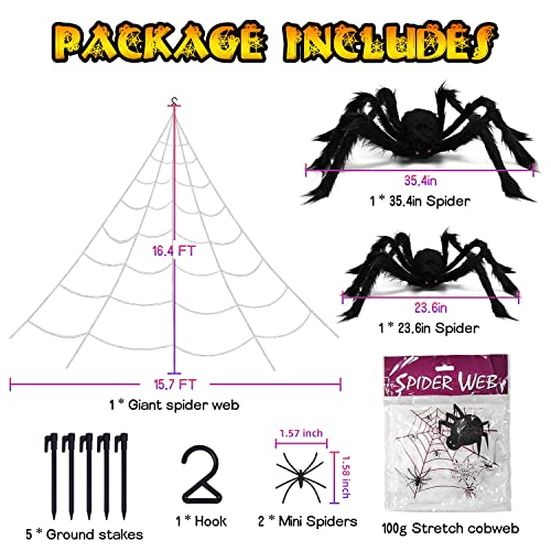 Halloween Spider Web & Giant Spider Set - 16 Ft Cobweb with 35 & 24 Inch Spiders - Black 905