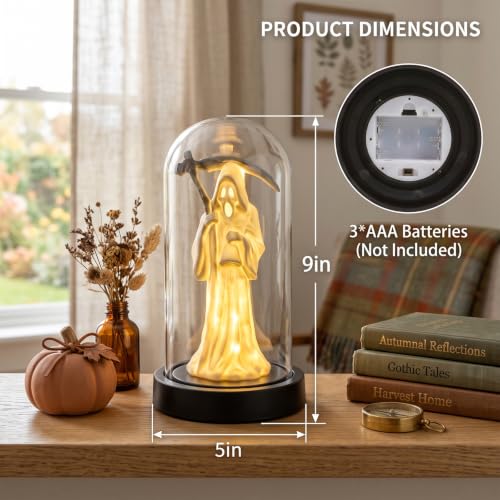 Yellow Grim Reaper Ghost Halloween Decor Light - LED Tabletop Lamp with Glass Dome