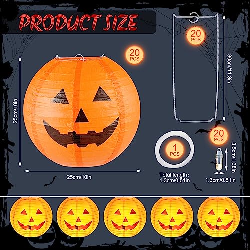 Halloween Pumpkin Paper Lanterns Set of 20 with LED Lights - 10 Inch Jack O Lantern Decorations
