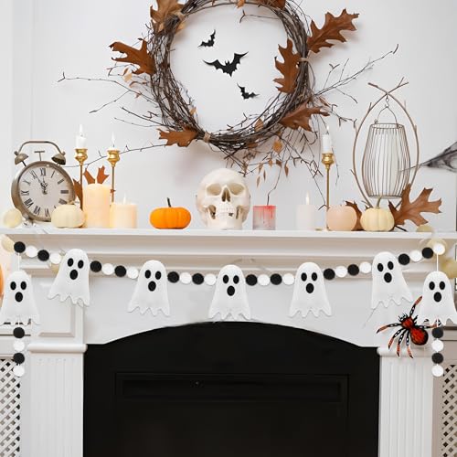 Halloween Ghost Felt Garland with Pom Poms - 4 Ft Spooky Party Decor