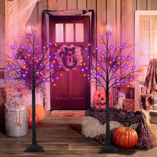 2 Pack 6FT Black Halloween Tree with 288 Orange & Purple LED Lights - Indoor Outdoor Decor