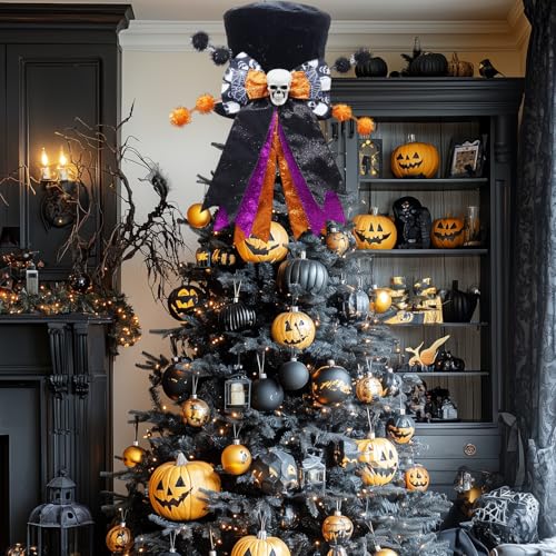 Halloween Tree Topper Hat with Wired Bow and Skull - Black Velvet Decor