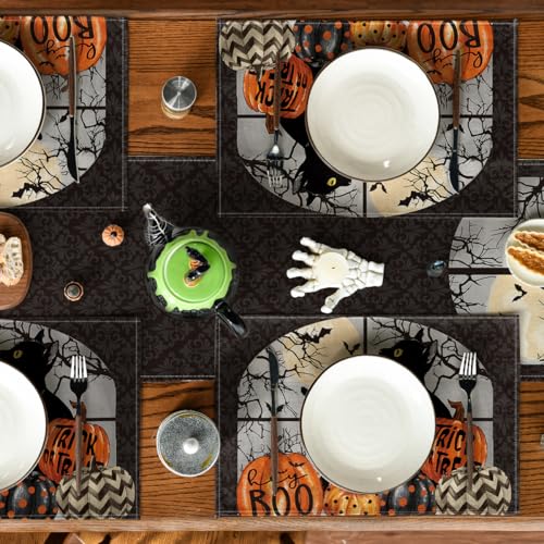Halloween Placemats Set of 6 - 12x18 Inch Black & Orange Fall Table Decor