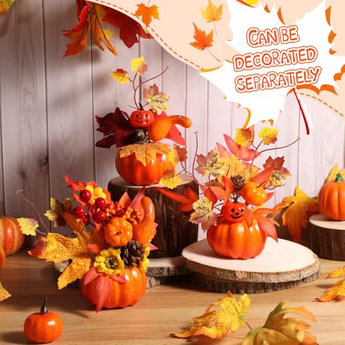 Pumpkin Thanksgiving Centerpiece with Wooden Tray & LED Light - Orange Fall Decor