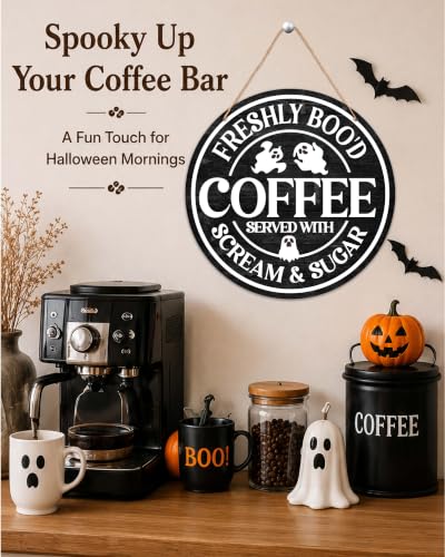 Halloween Coffee Bar Sign - Ghost Welcome Sign for Front Door, Wooden Wall Decor, Farmhouse Office Kitchen - Coffee Variation