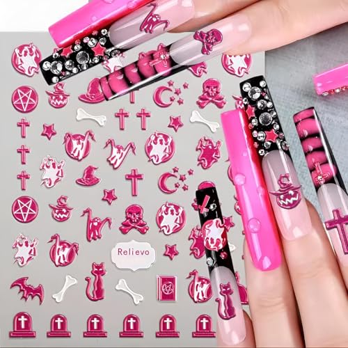 Halloween 5D Nail Art Stickers Set - Pink Embossed Self-Adhesive Decals with Skull Ghost Pumpkin for DIY Manicure 5D Halloween Variation