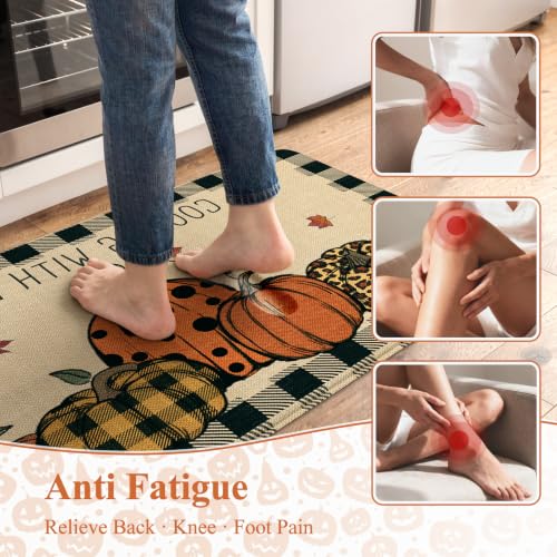 KIMODE Fall Decor Kitchen Rugs Set - Plaid & Pumpkin, Non-Slip, 2-Piece