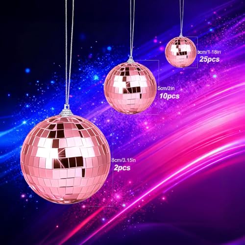 Pink Mini Disco Mirror Ball Ornaments - 37 Pcs Party & Christmas Decor