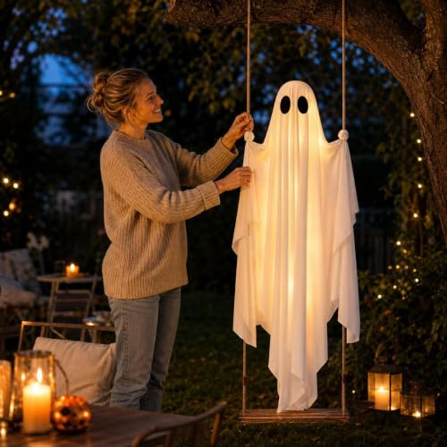 Large 4.3 Ft Hanging Ghost Decoration with LED Lights for Halloween Yard