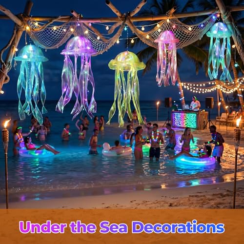 10 Pcs Hanging Jellyfish Lanterns for Undersea Party Decorations - LED Mermaid Theme