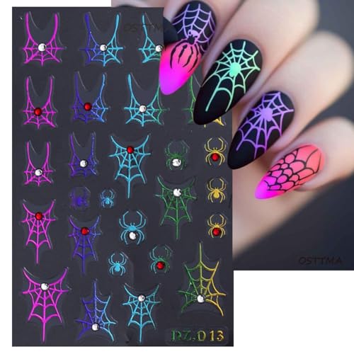 Halloween Nail Stickers with Rhinestones & Spider Web Design - Spiders Variation, 5 Sheets