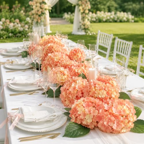 Pink-Orange Hydrangea Artificial Flowers for Outdoor - UV Resistant, 8Pcs