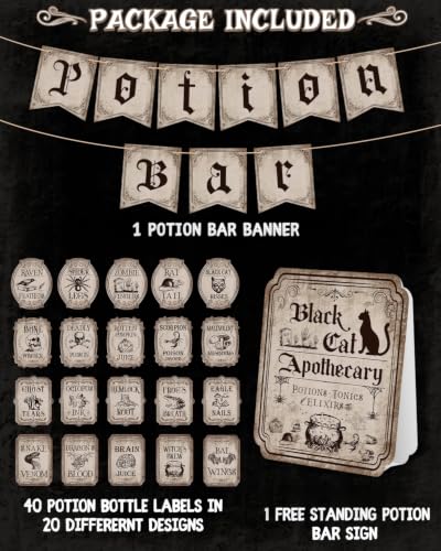 Halloween Potion Bar Decor Set - Spooky Witch Potion Labels & Banner