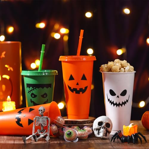 Halloween Plastic Tumblers Set with Lids and Straws - 12 Pack, 24oz, Spooky Pumpkin Design