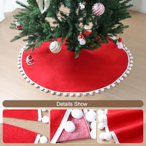 Red Christmas Tree Skirt 48 Inch with Pom Poms - Nonwoven Holiday Decor