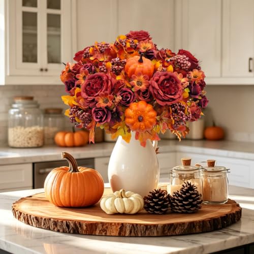 Fall Artificial Flower Bouquet with Pumpkin Accents - Red, 3 Bundles Autumn Decor