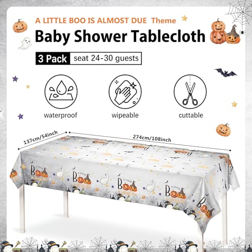 Halloween Baby Shower Tablecloth Set - 3 Pc Neutral Ghost Pumpkin Design - Little Boo