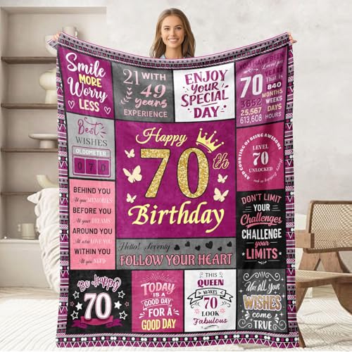 Boho 70th Birthday Throw Blanket - 50x60 Inches for Women, Happy 70th Gift Idea