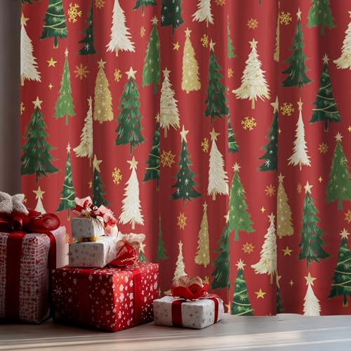 2Pcs Christmas Red Sheer Curtains 52x96in with Xmas Tree Star Foil - Holiday Home Decor
