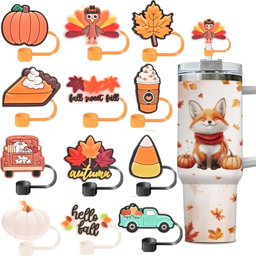 12PCS Thanksgiving Silicone Straw Toppers for Stanley Cups - Fall & Halloween Reusable Covers
