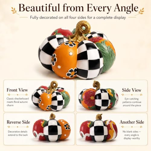 Black and White Checkered Pumpkin Figurine for Fall Table Decor