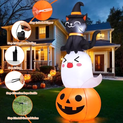 6 Ft Halloween Inflatable Pumpkin Ghost and Black Cat Yard Decor with LEDs