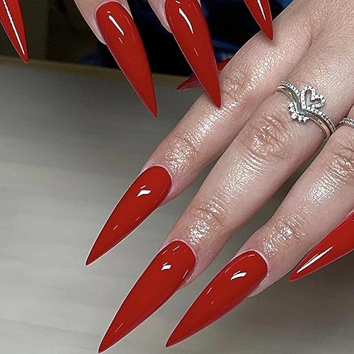 Press On Nails Long Stiletto Red Deep Solid Color Gothic Halloween - 24pcs (Variation: 6501Red)
