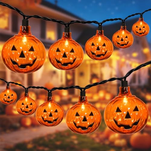 Jack O Lantern LED Halloween Pumpkin String Lights - 12Ft, 20 Bulbs, Clear Variation